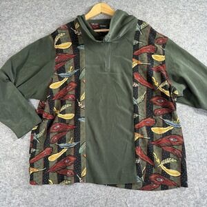 Koos‎ Of Course Pullover Top Womens 3X Green Feathers 1/4 Zip Boho Artsy Y2K